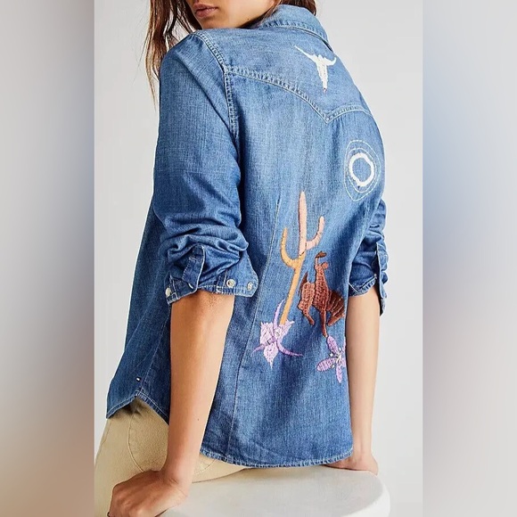 Free People Tops - Free‎ People The Wolves Blue Denim Embroidered Snap Fitted Cowboy Shirt NEW XS